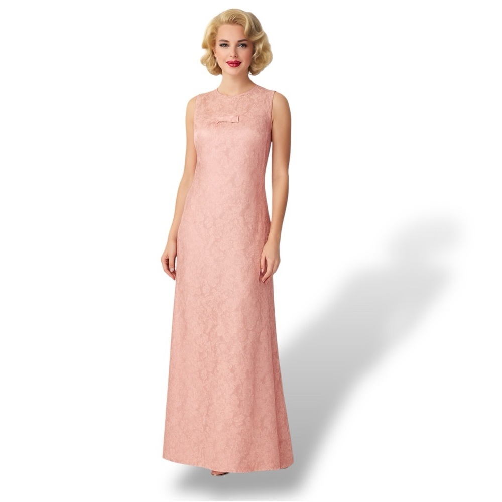 Vintage Dress 60s Pink Floral Brocade Maxi Long‎ Formal Bow Size Small